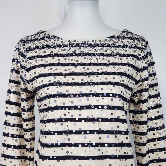J. Crew Factory Black Tan Striped Sequin Confetti Pullover Knit Cotton Top Sz S - Picture 2 of 12